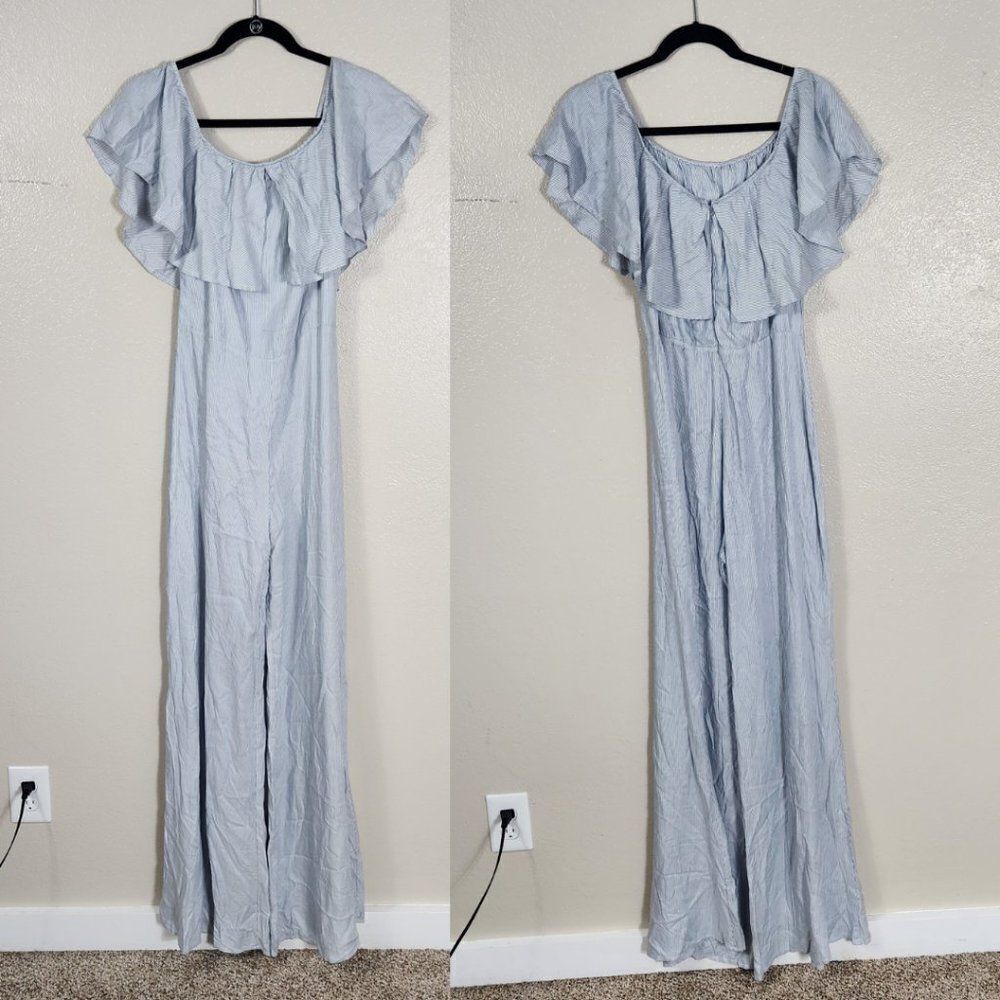 Wildfox Chambray Striped Off The Shoulder Jumpsuit Size L EUC